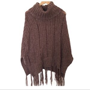 Poncho Sweater Soft Knit Brown Cowl Neck Fringe One Size